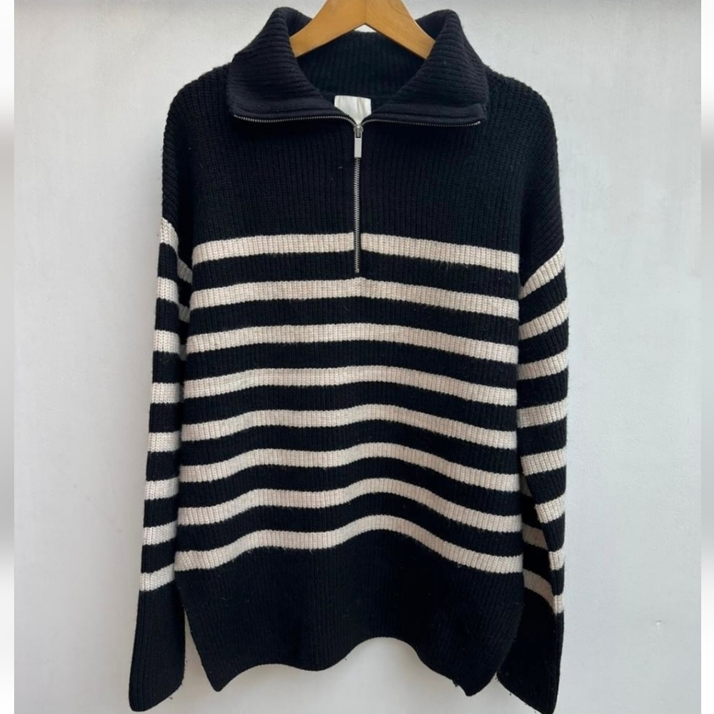 H&M Black and White Striped Half-Zip Sweater
